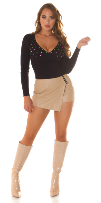 V-neck crop sweater with colorful glitter studs Black